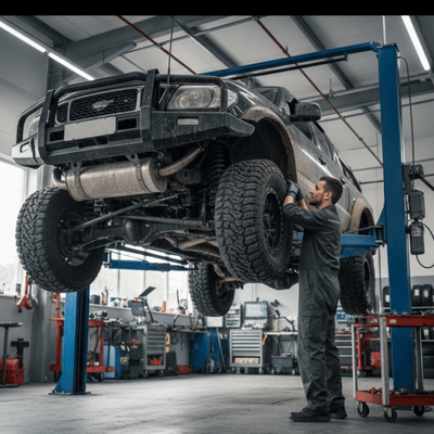 4x4 on a hoist in a workshop