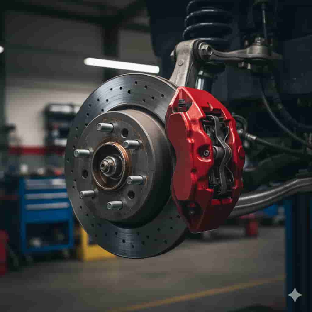 Close-up of brake disc and suspension components