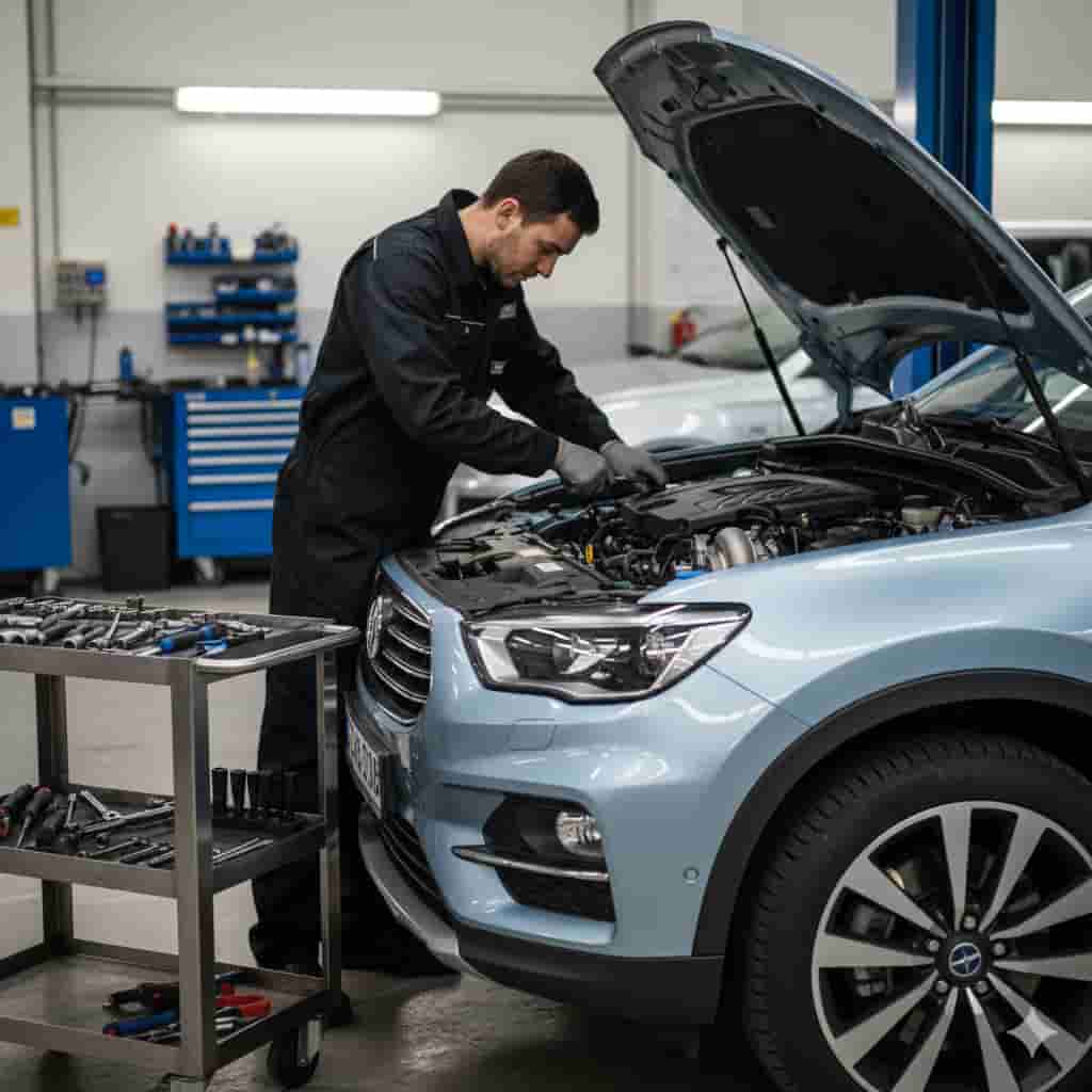 Mechanic working on a vehicle engine bay
