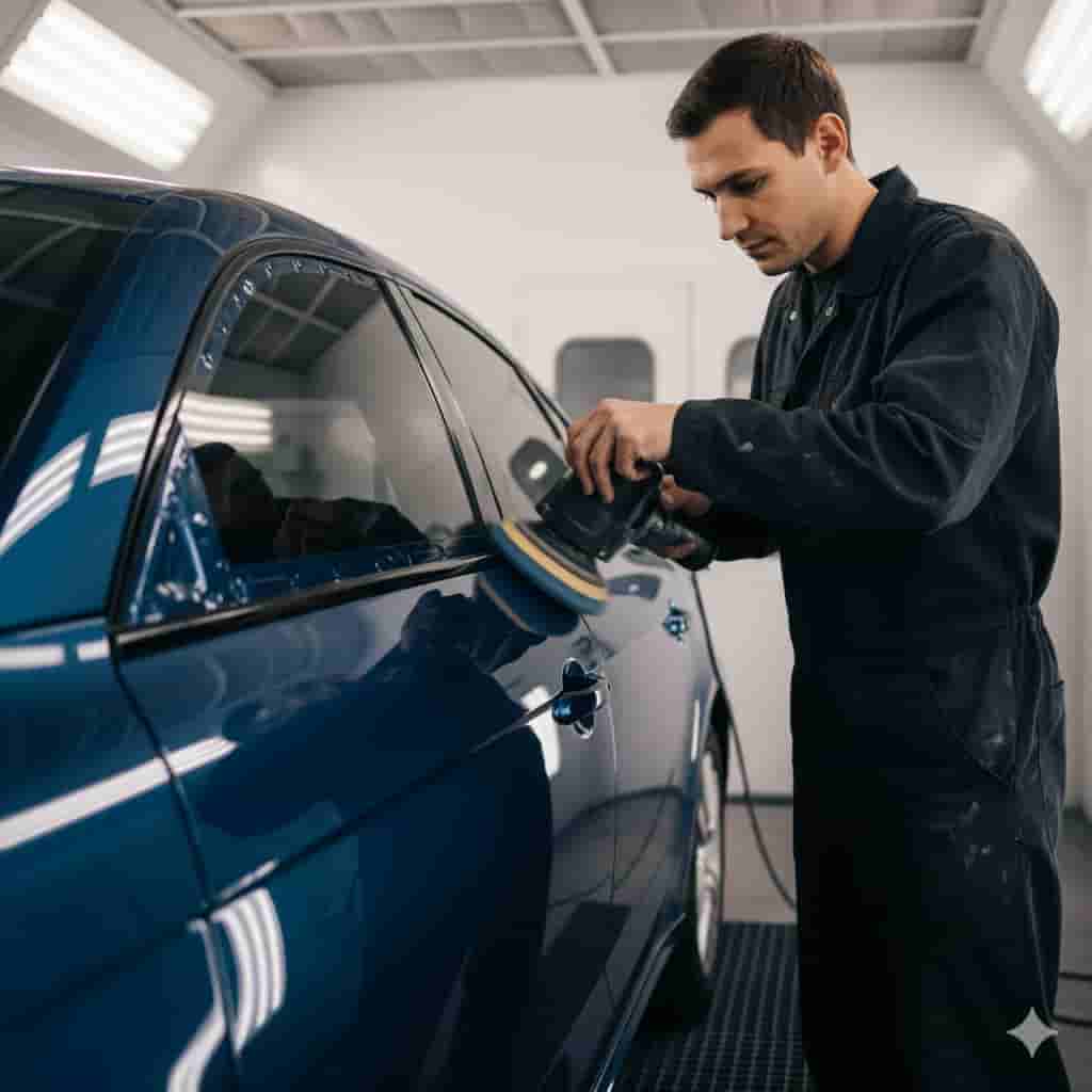 Technician polishing a freshly painted vehicle panel